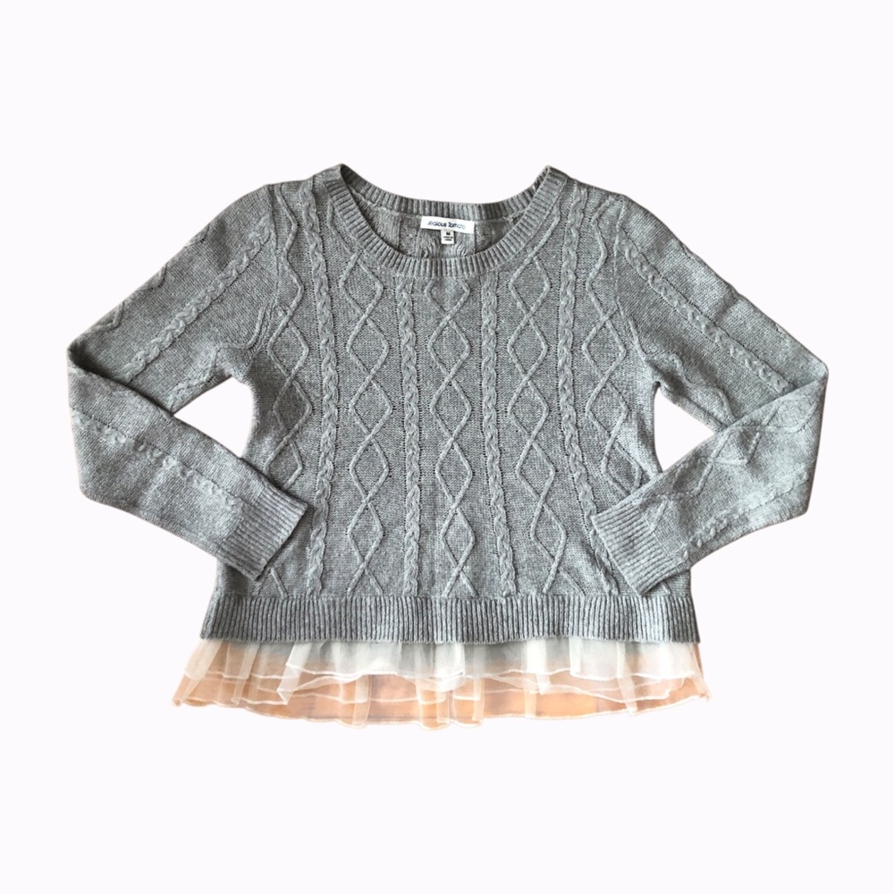 Gray Cable Knit Sweater with Tulle Hem